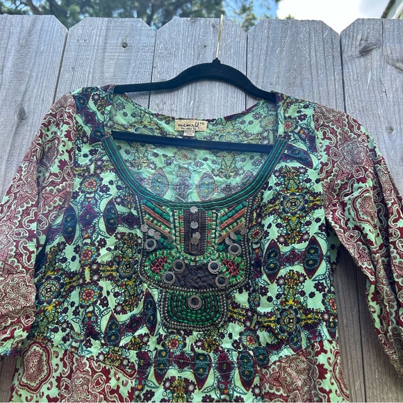 One World‎ Women’s Petite Small Fairy Boho Printed 3/4 Sleeve Peasant Blouse - Picture 3 of 9